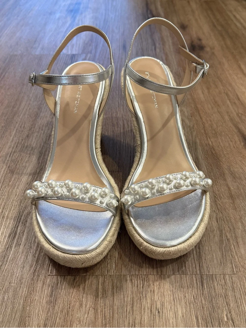 Stuart Weitzman Goldie Espadrille Wedges Silver Pearl Bridal Wedding Size 9.5